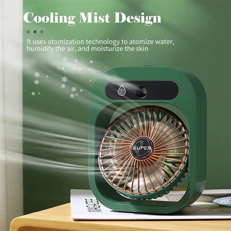 Green and white USB rechargeable portable misting fan and humidifier with adjustable wind direction