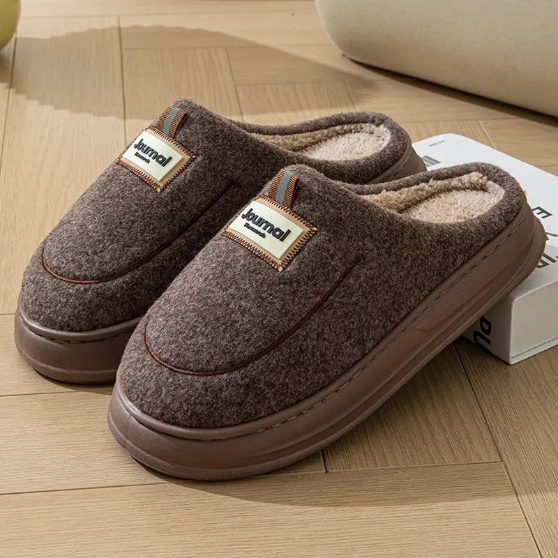 Brown and grey men's suede and cotton slippers with a thickened sole, shown in multiple extended sizes.