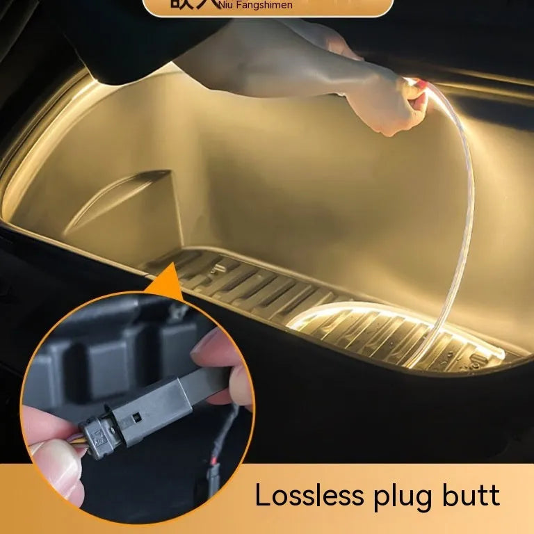 Tesla Model 3 and Y front console ambience light kit in soft silicone with pure white, warm white, and ice blue colour options.