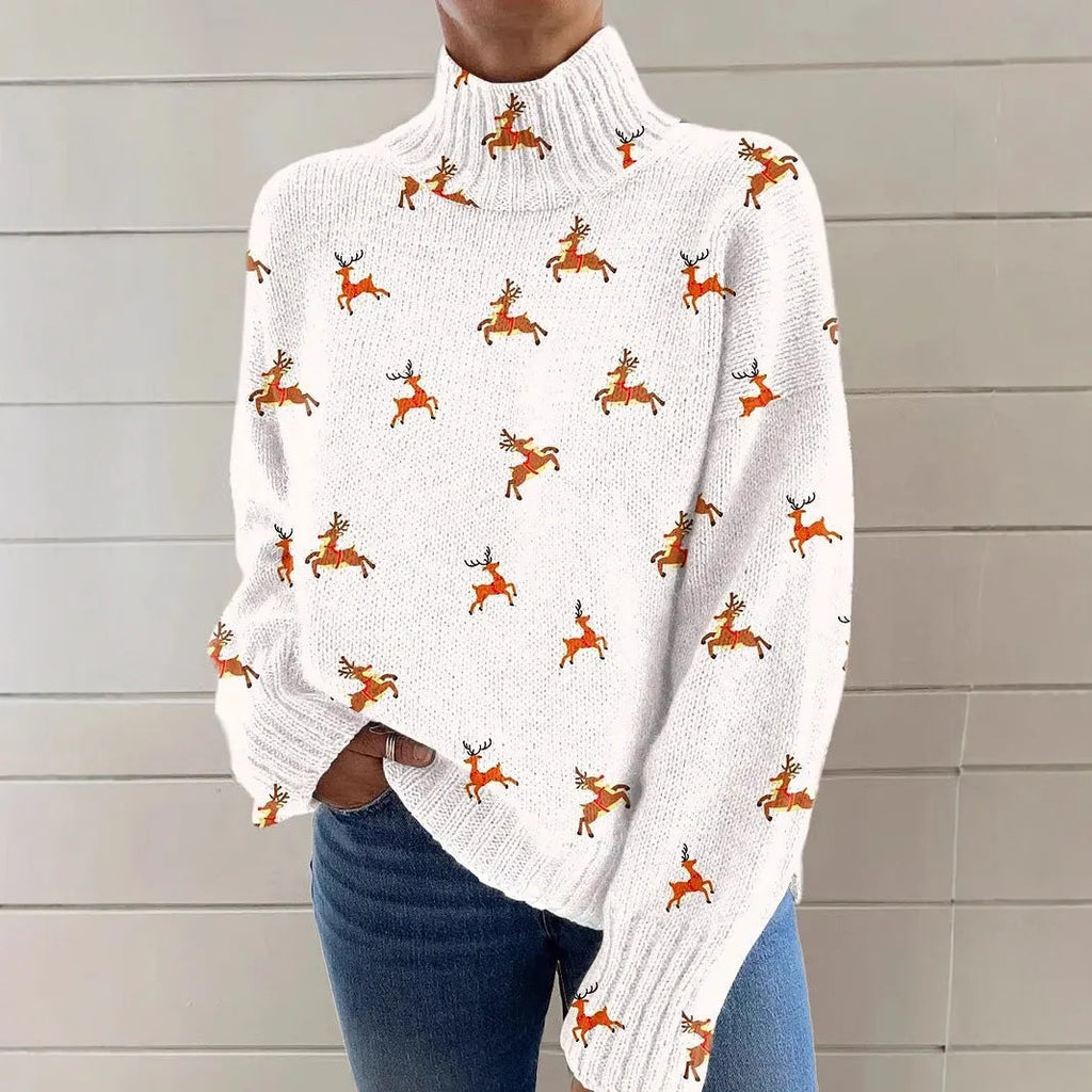 Women's loose-fit Christmas printed turtleneck sweater in macaron colours with painting pattern and long sleeves