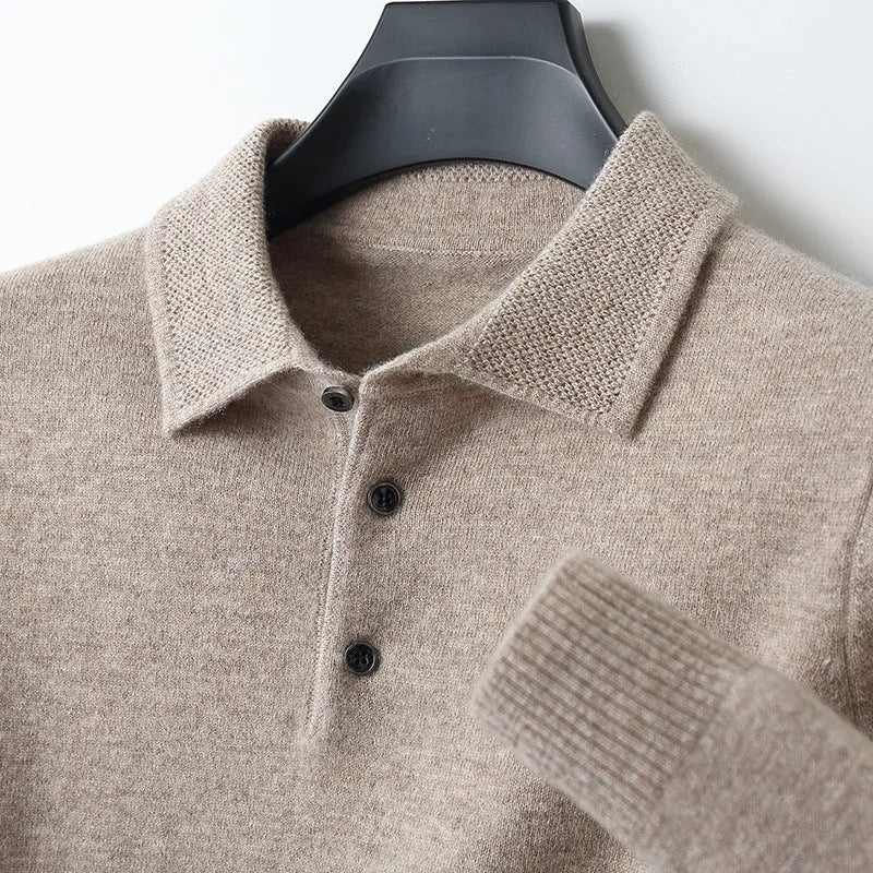 Men's wool sweater with polo collar and long sleeves in collage stitching design, available in seven colours including noble blue