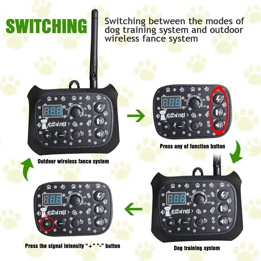 Automatic remote dog trainer and wireless fence with transmitter, digital display, and adjustable static shock controls