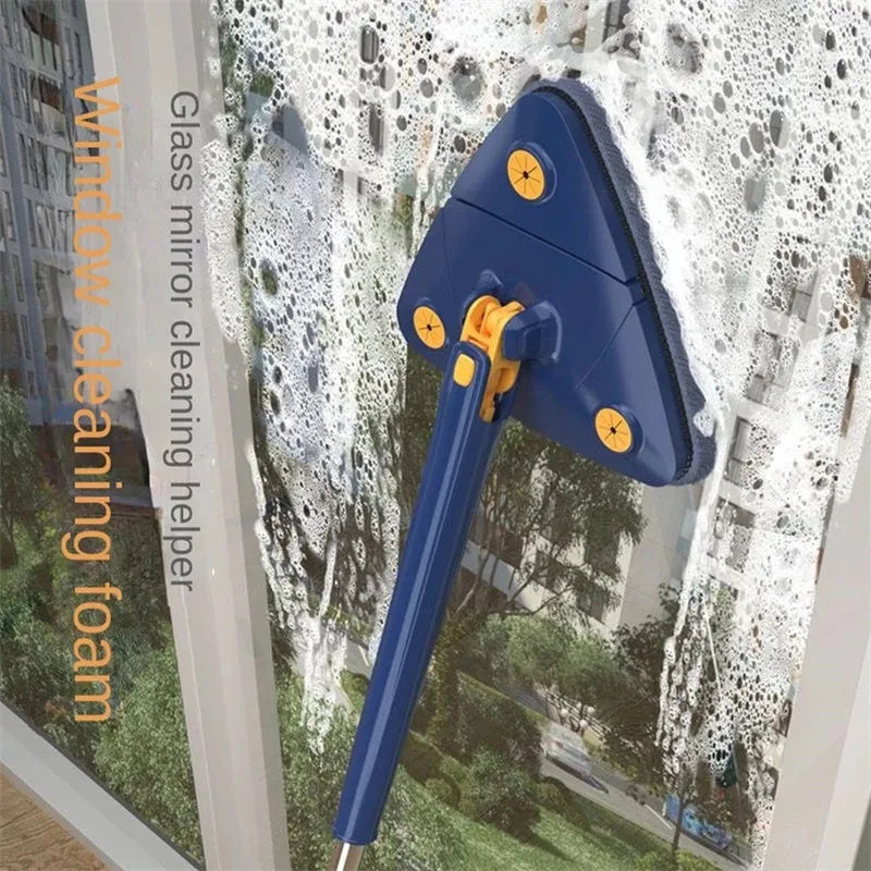 Extendable blue triangle mop with rotating head and stainless steel pole for floor and wall cleaning.