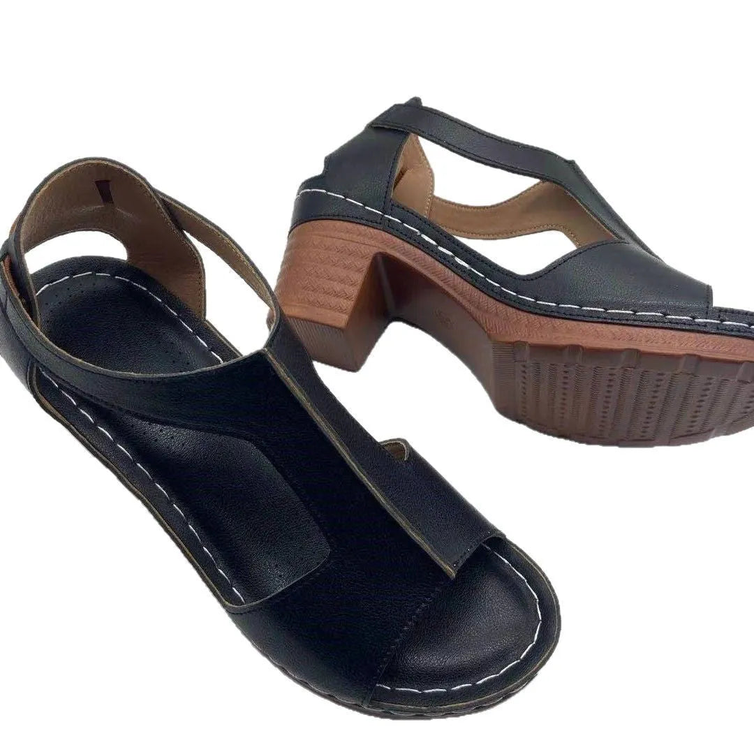 Women's plus size peep toe wedge sandals with a buckle strap in a light brown colour.
