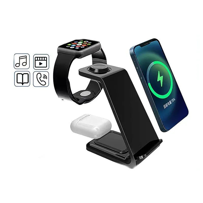 White 3-in-1 wireless charger with upright phone holder, earbuds charging spot, and smartwatch charging area on desk