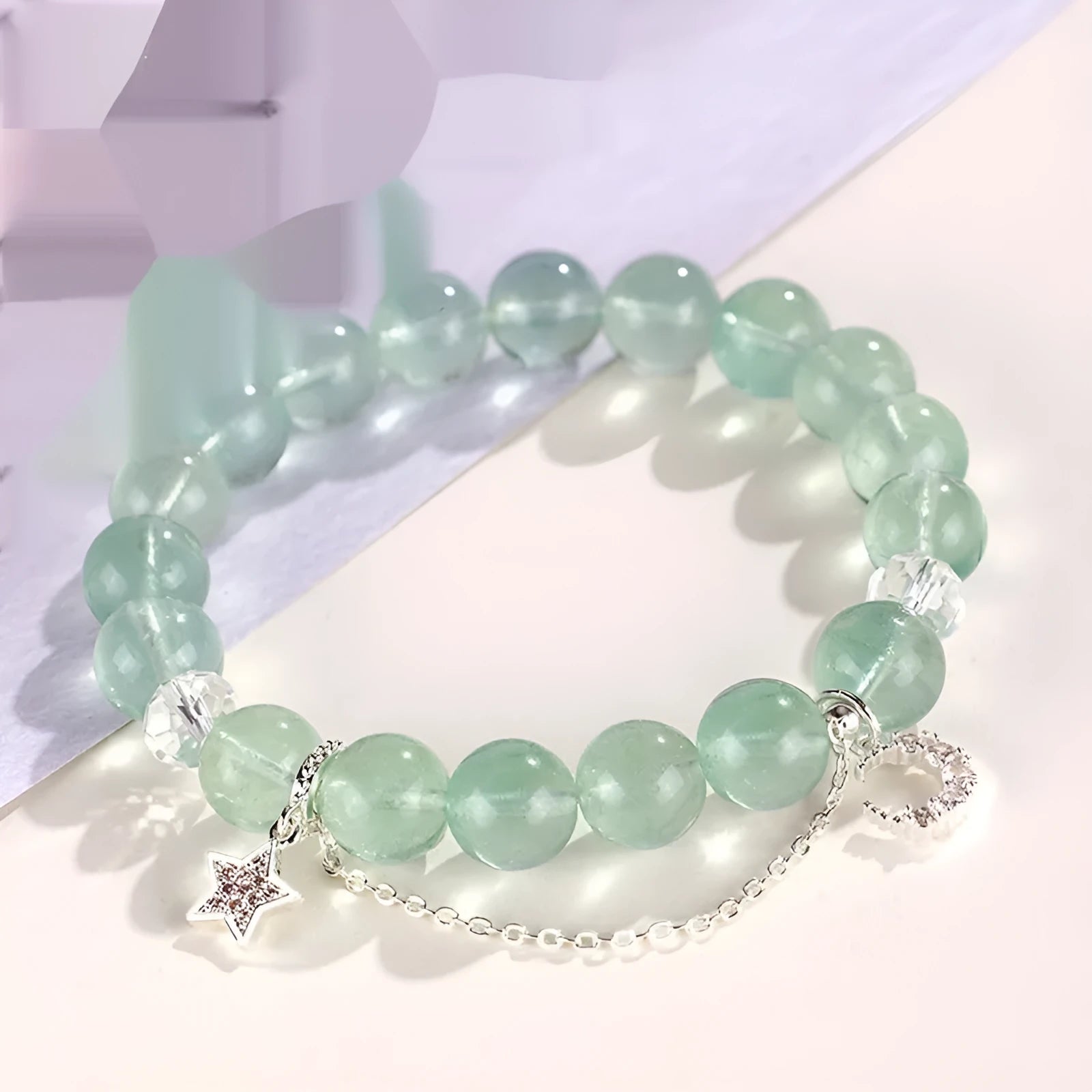 Green fluorite and white crystal women's bracelet with star moon princess design and diamond shape stones
