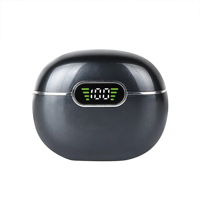 Black wireless Bluetooth earbuds with digital display charging case, 13mm drivers and IPX5 waterproof rating.