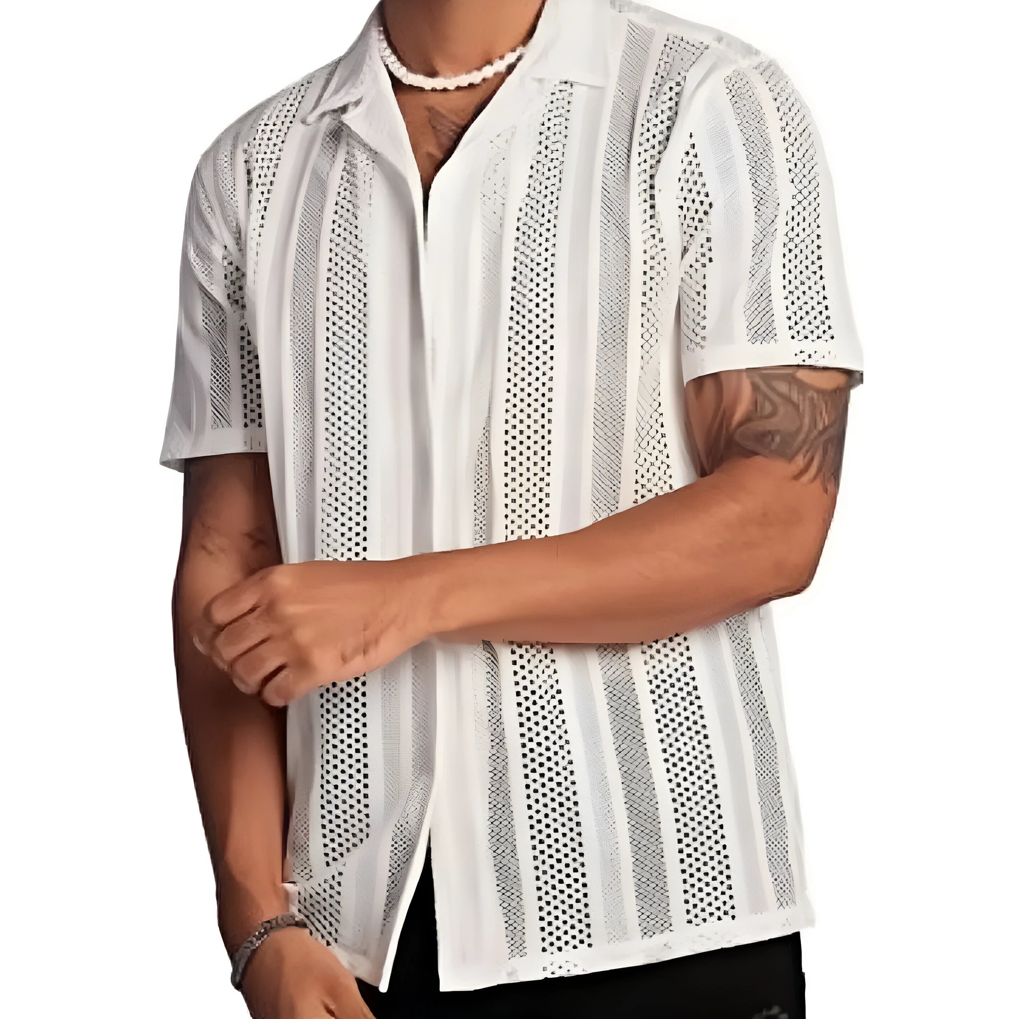 Men's black knitted short-sleeved shirt with button front and jacquard texture