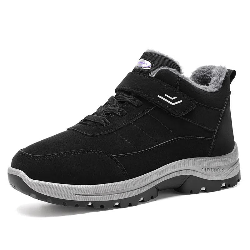 High-top snow boots with thick PVC sole, fleece lining, artificial PU upper, round toe, in red, black or grey.