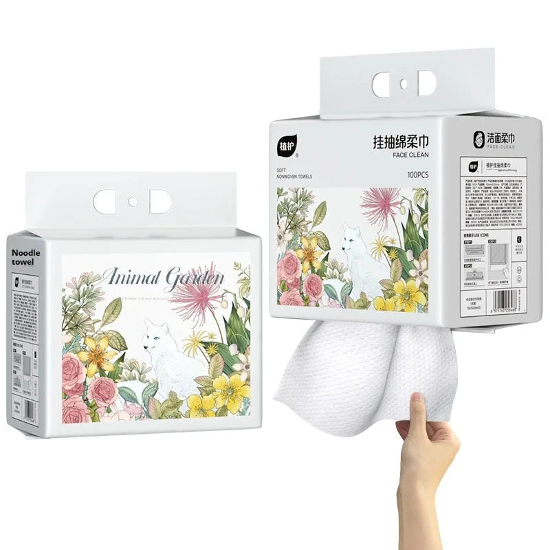 Roll of 100 disposable, soft face cloths with a hanging hook, made from viscose and polyester.