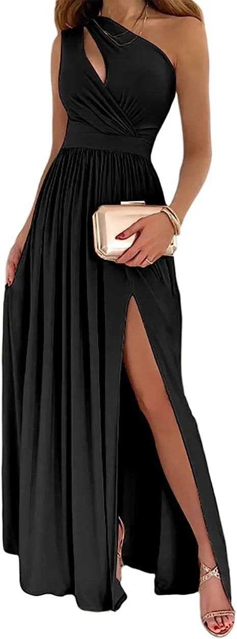 Women's one shoulder sleeveless maxi dress with high split and cutout detail in soft fabric.