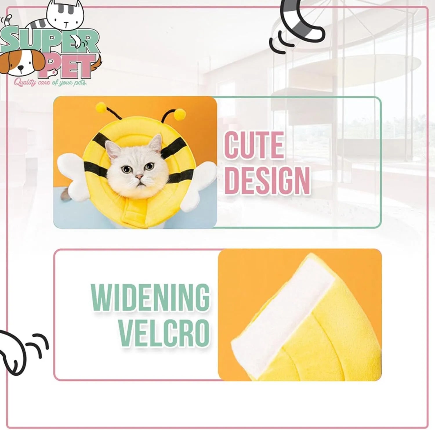 Soft white cat cone collar with black and yellow bee design, showing Velcro closure and approximate 20cm diameter