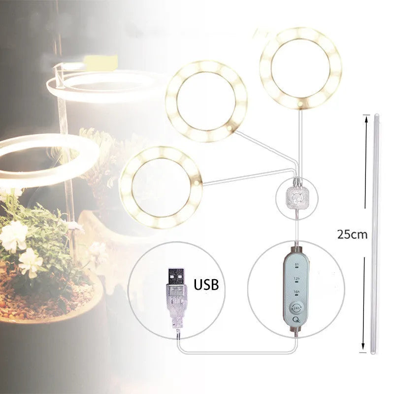 USB-powered LED grow light with transparent housing showing yellow LEDs, attached to 25cm acrylic stick for plant illumination