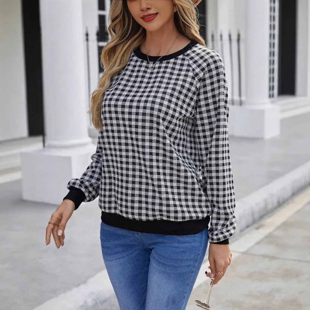 Black plaid pullover long sleeve sweater with striped pattern, available in sizes S to XXL