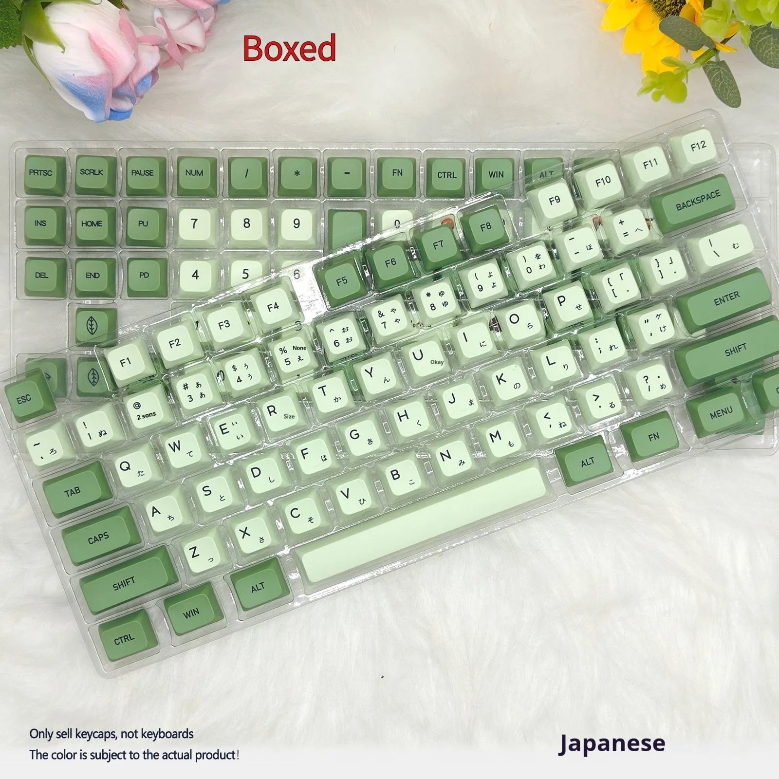 124 Matcha green PBT keycaps with white dye-sublimated legends, arranged in a keyboard layout.
