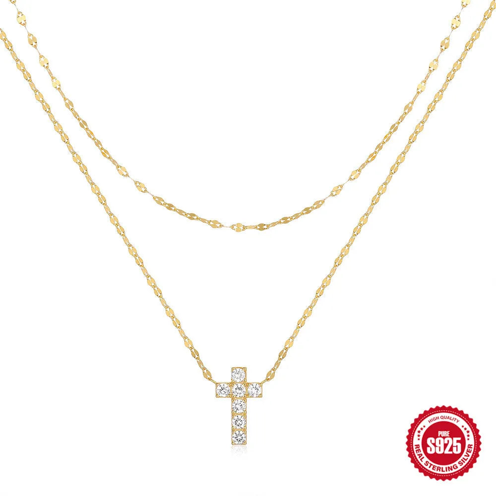 S925 sterling silver double-layer twin diamond cross necklace on clavicle chain in gold finish