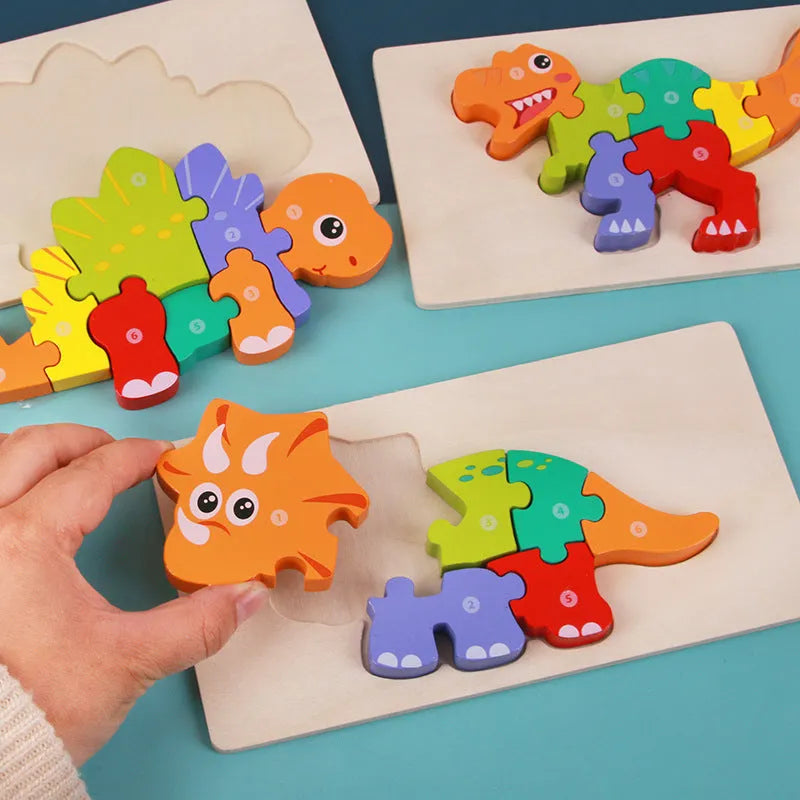 Wooden dinosaur 3D puzzle building blocks set showing six prehistoric dinosaur designs for children