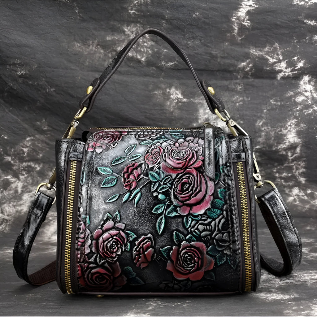 Women's genuine leather shoulder bag showing square vertical design with internal organisation compartments