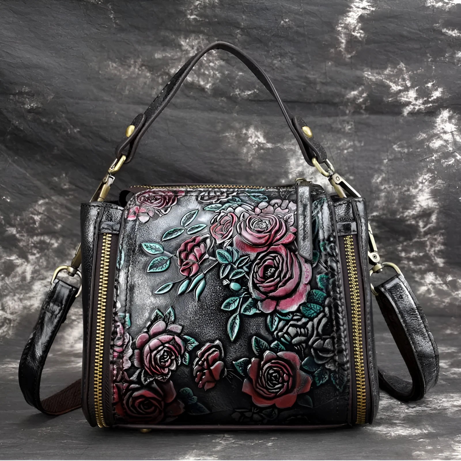 Women's genuine leather shoulder bag showing square vertical design with internal organisation compartments
