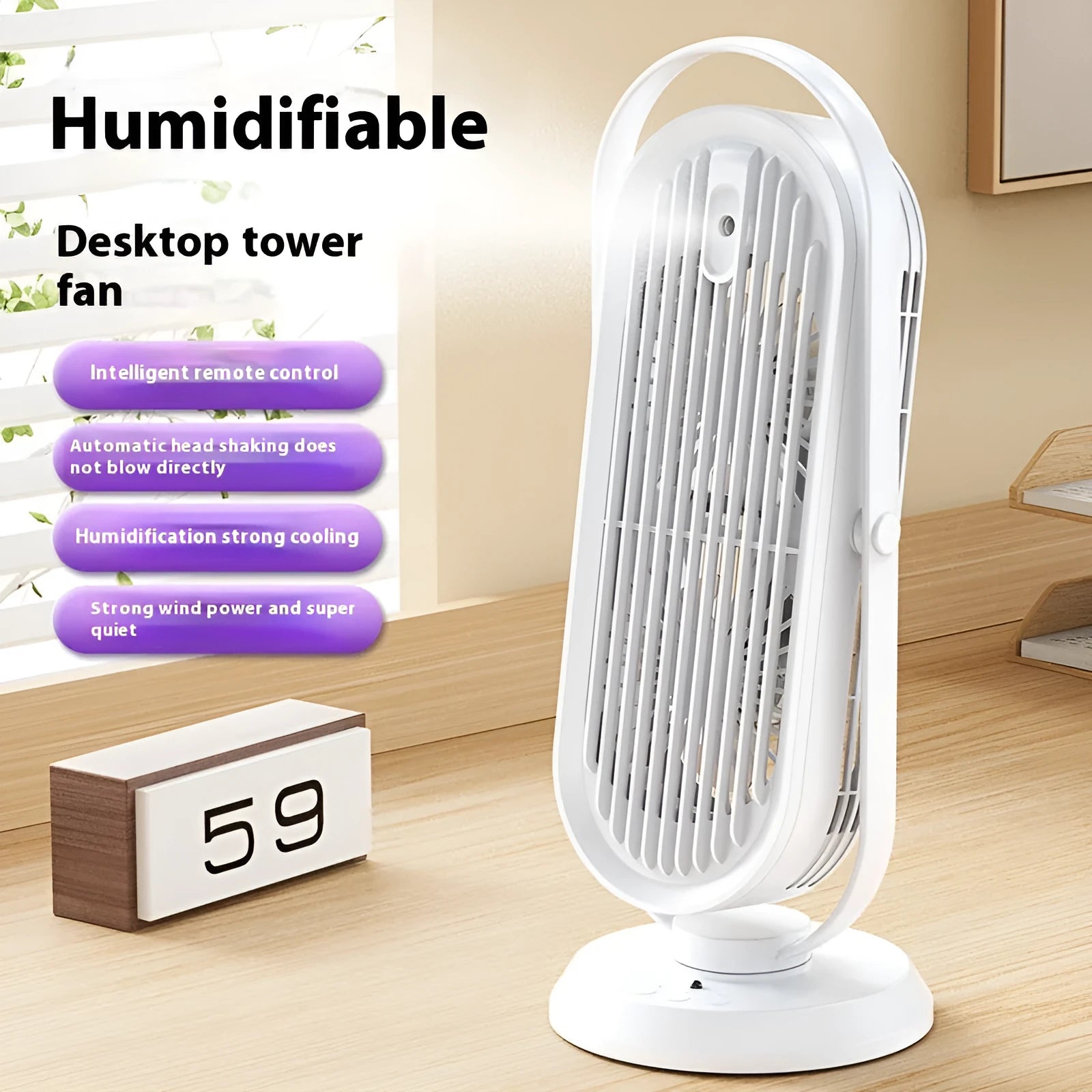 USB tower fan with humidifier in modern design on desktop