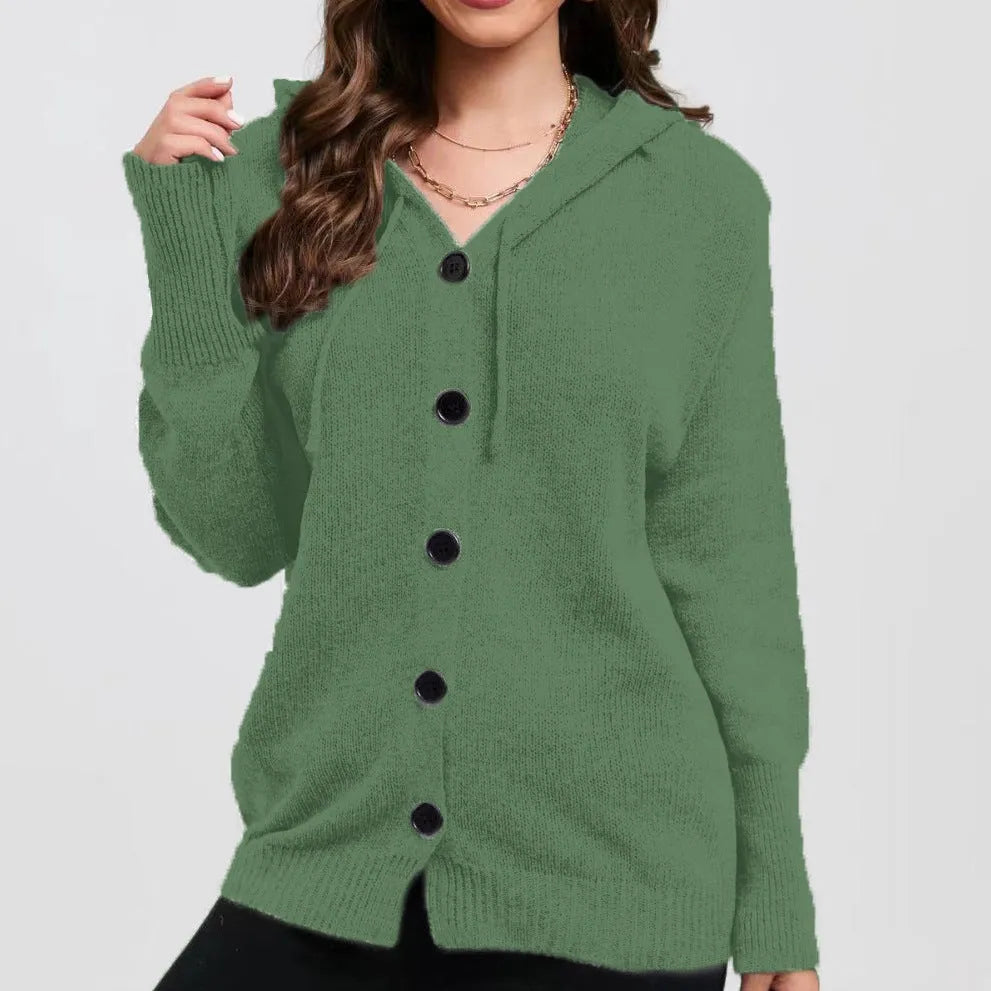 Women's solid colour hooded cardigan with 3D pattern, loose fit, and long sleeves in cotton fabric
