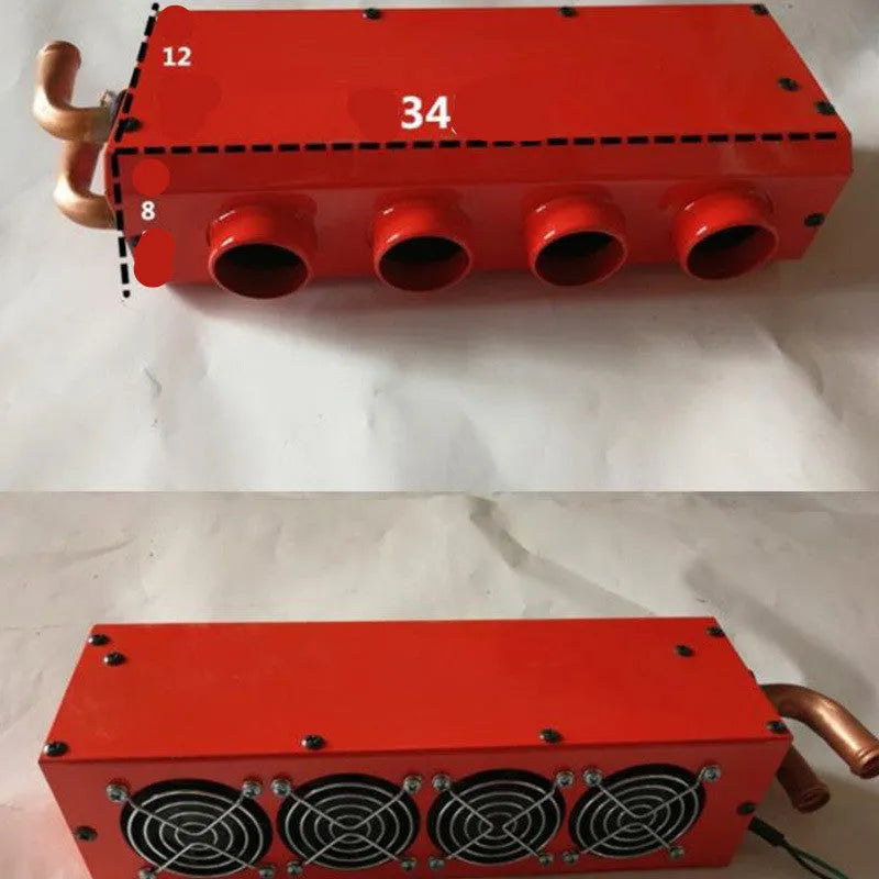 Car heater with four copper pipes, metal housing, manual control, dimensions 34x12x8cm, for 12V/24V automotive use