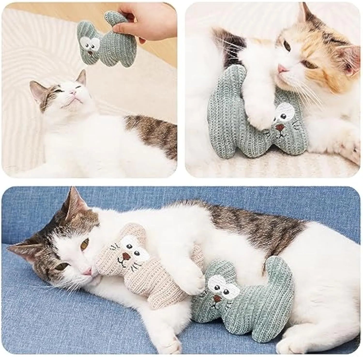 Cyan plush rope catnip toy with bell inside, measuring 12 cm by 11 cm, for cats to chew and play