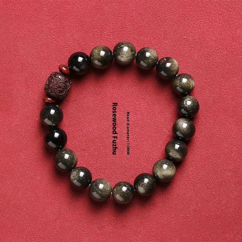 Hand-woven golden obsidian bracelet with 10mm round beads in vintage retro style