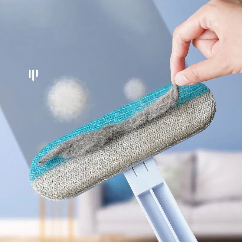 Multifunctional hair removal brush with flannel head and extension handle for cleaning pet hair, lint, and window screens.