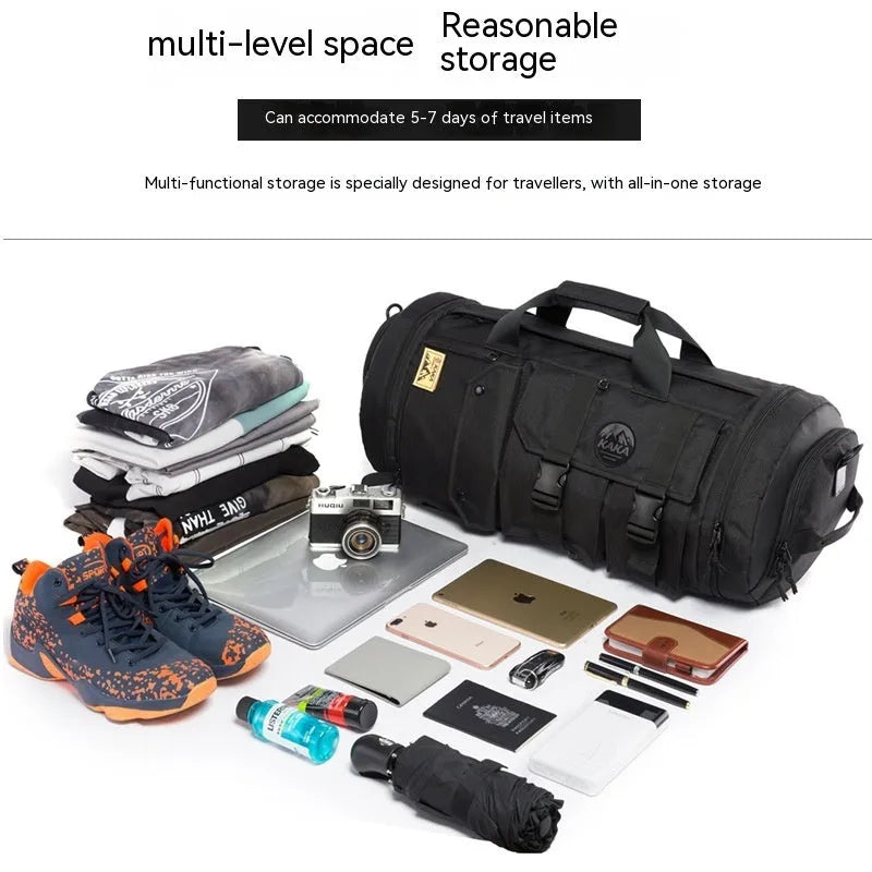 Black men's hiking backpack in Oxford cloth with single shoulder strap and zipper compartments for travel