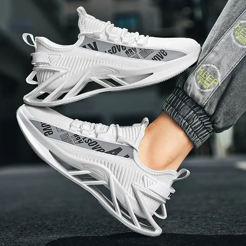 Men's casual exercise shoes with woven mesh upper in black, blue, red, and white colour options showing embroidery details