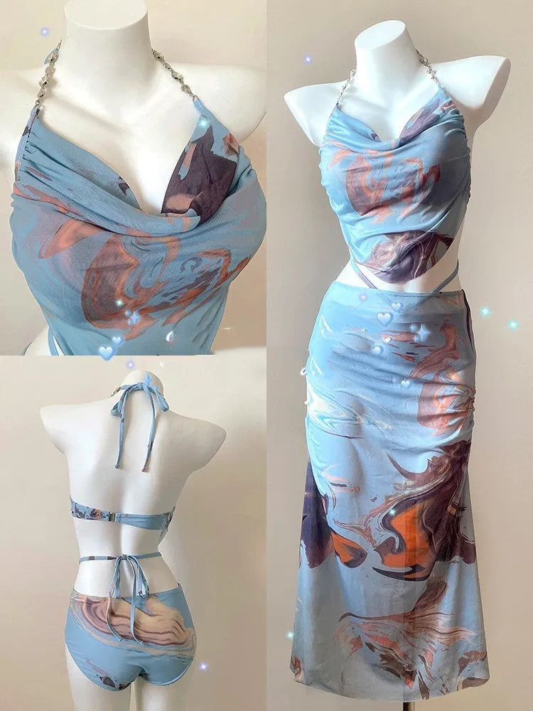Women's three-piece bikini set with steel wire push-up support in printed colours