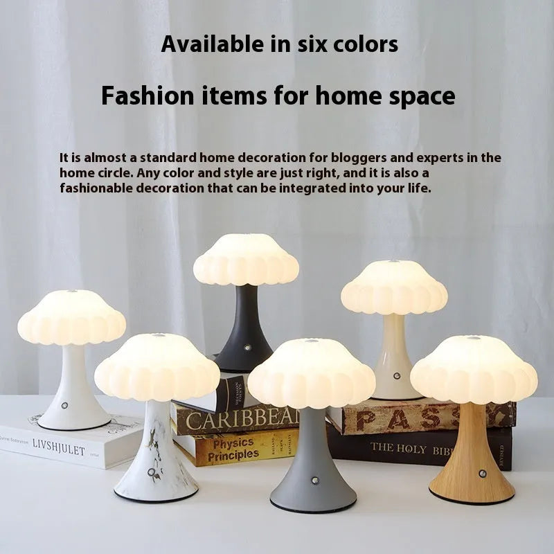 Mushroom-shaped touch night lamp in wood grain colour, 160mm diameter, for bar or cafe decoration
