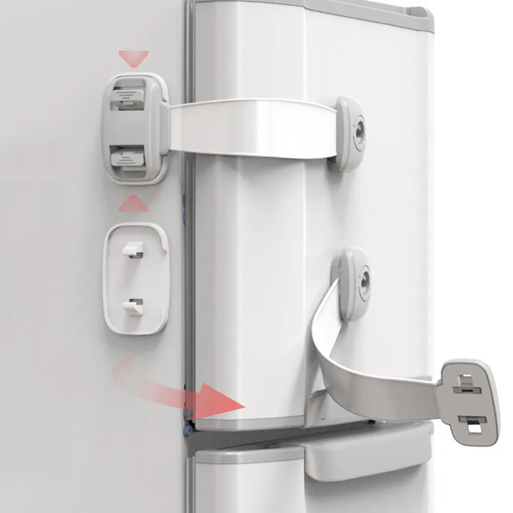 Grey and green adjustable adhesive child safety lock straps for cabinets and drawers.