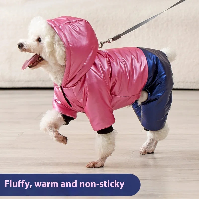 Green waterproof four-legged dog coat with cotton padding for outdoor weather protection