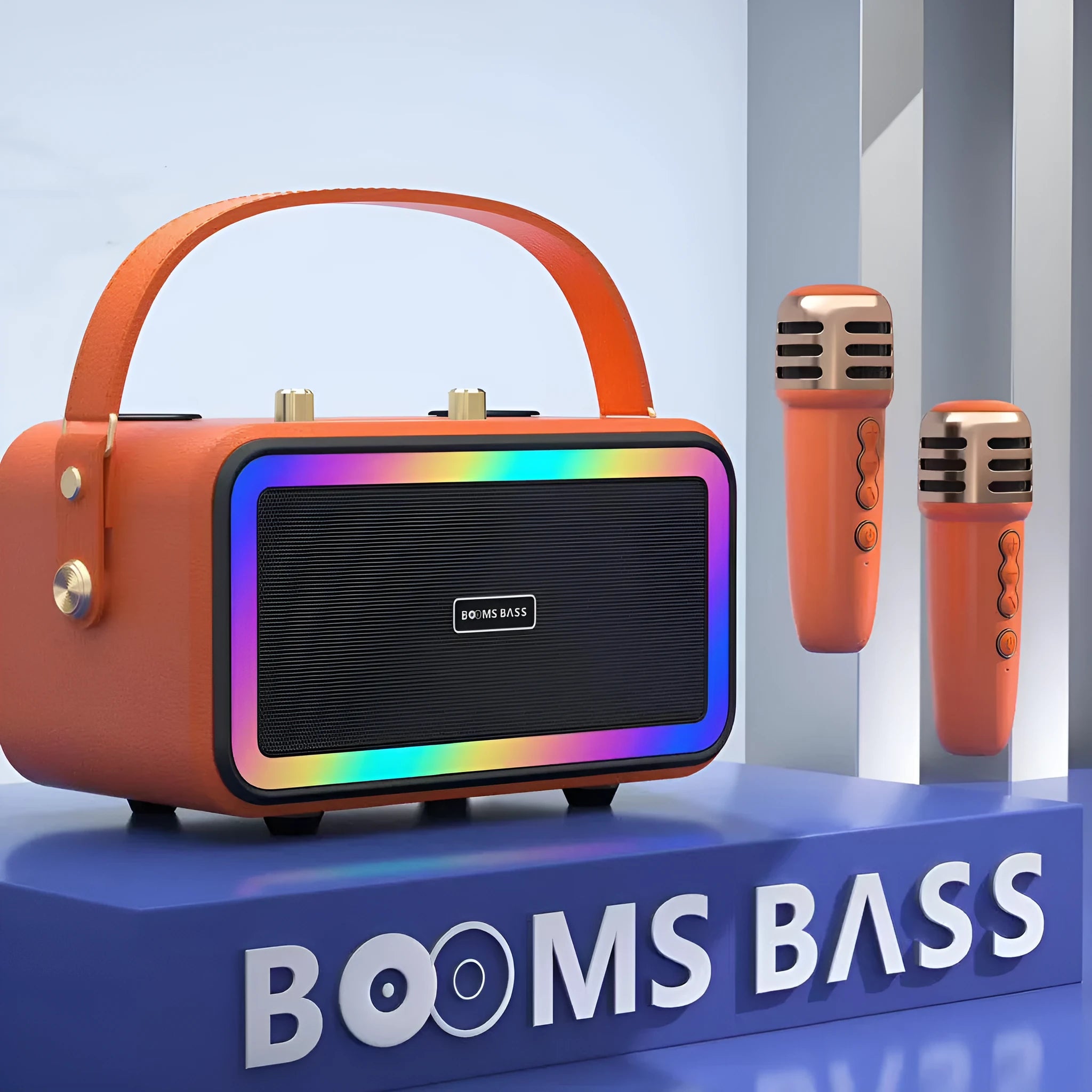 M3201 portable Bluetooth speaker in black, dark brown, or orange red with two wired microphones.