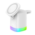 Black 3 in 1 magnetic wireless charging cube showing iPhone, Apple Watch and AirPods charging simultaneously with RGB lights