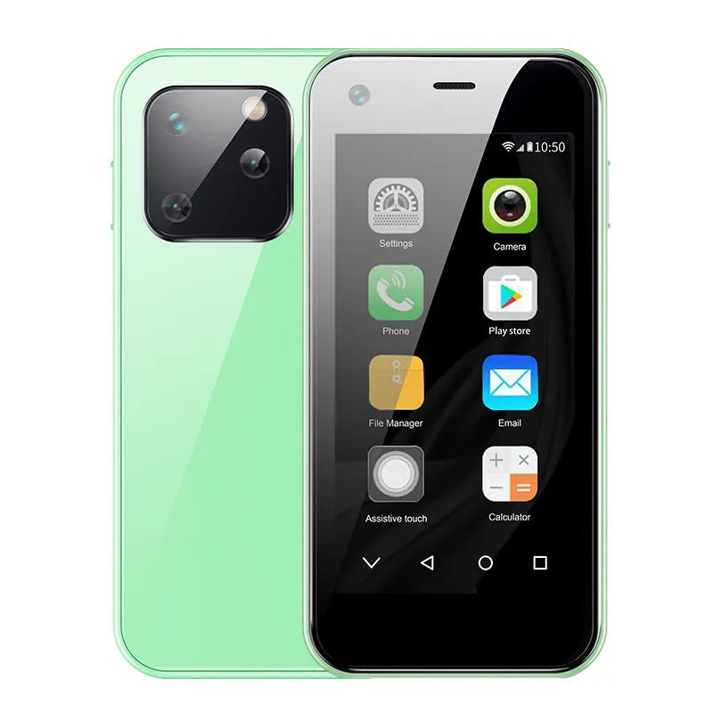 Mini Android phone in Phantom Night Black with 2.5-inch screen, compact 84mm design, and rear camera