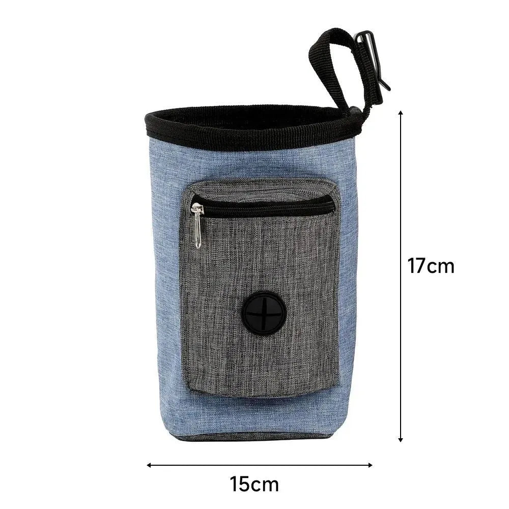Waterproof pet training waist bag with adjustable belt, dual pockets, and plastic clips in blue colour