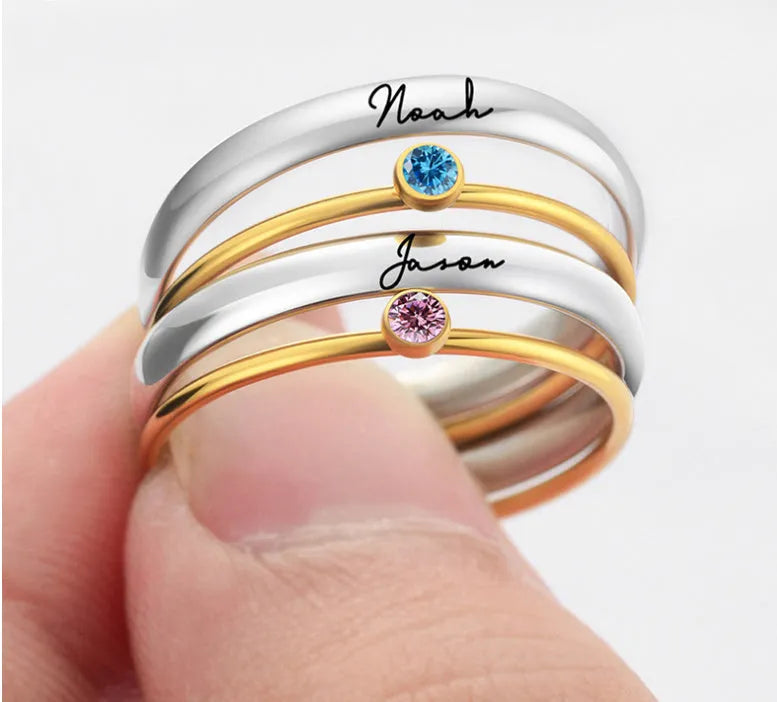December birthstone titanium steel ring with geometry design and electroplated gold finish showing engraved details