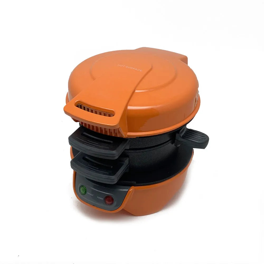 Household breakfast machine in bright red with sandwich maker and egg cooker ring, 22cm by 17.5cm size
