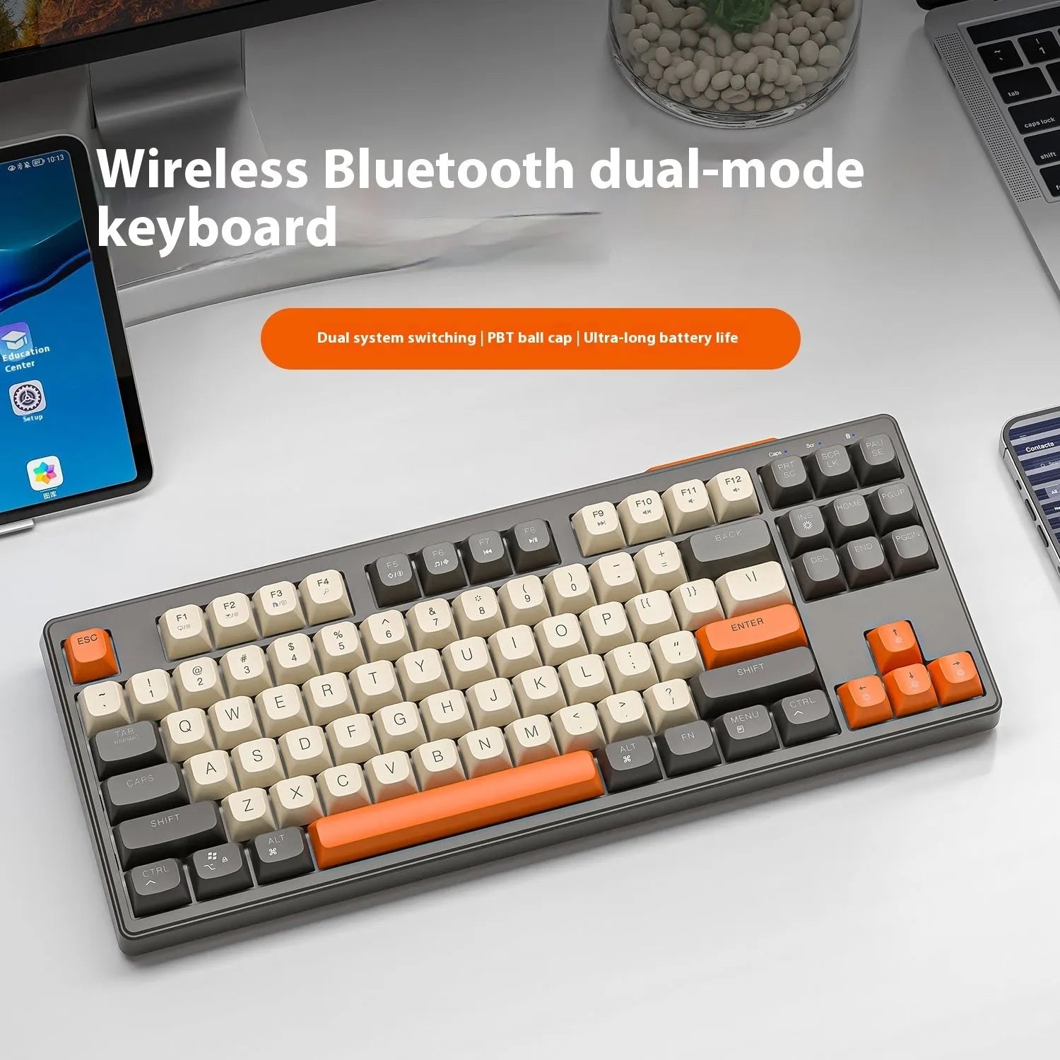 Wireless Bluetooth dual-mode keyboard with 38 cm width in blueberry colour showing USB receiver and cable