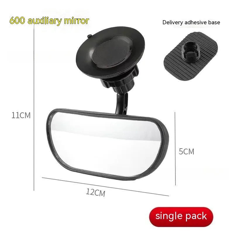 Black 360-degree rotating rearview mirror for car with suction cup mount on a windscreen.