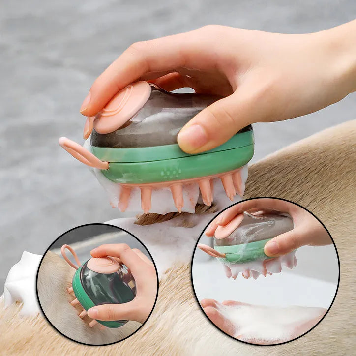 Blue pet grooming brush with shampoo dispenser and silicone bristles for dogs and cats