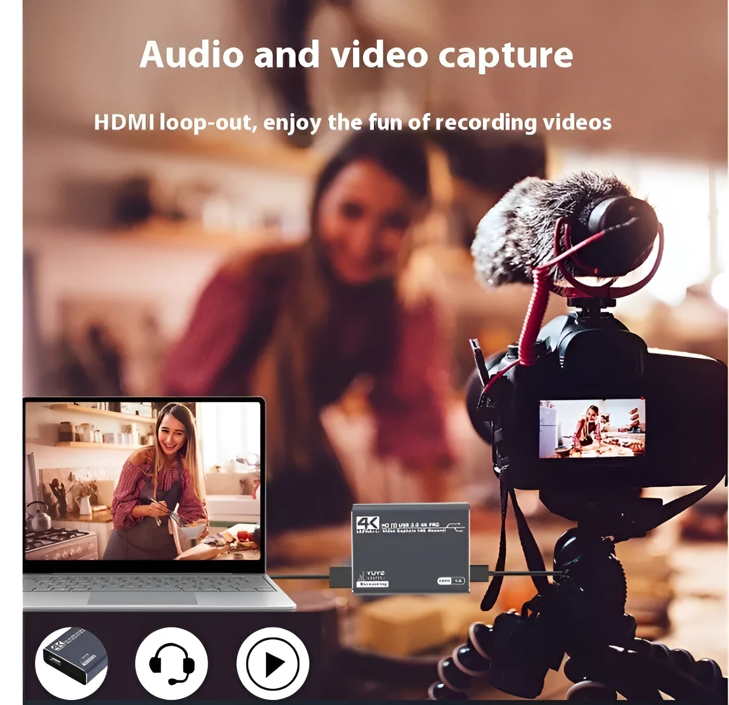 Black 4K set-top box for audio recording and 1080p media playback.