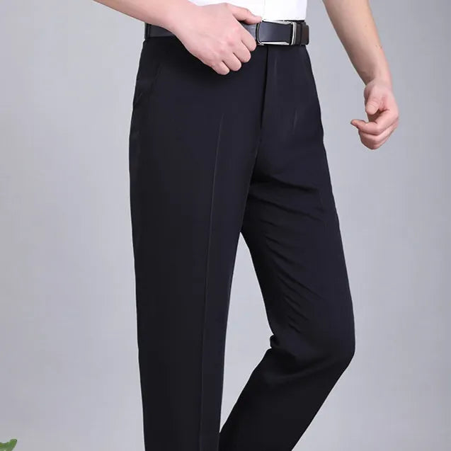 Men's straight-leg mulberry silk trousers in dark blue with high waist and non-iron fabric for business