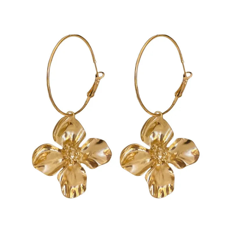 Silver needle metal flower earrings with electroplated gold or silver finish and vintage design