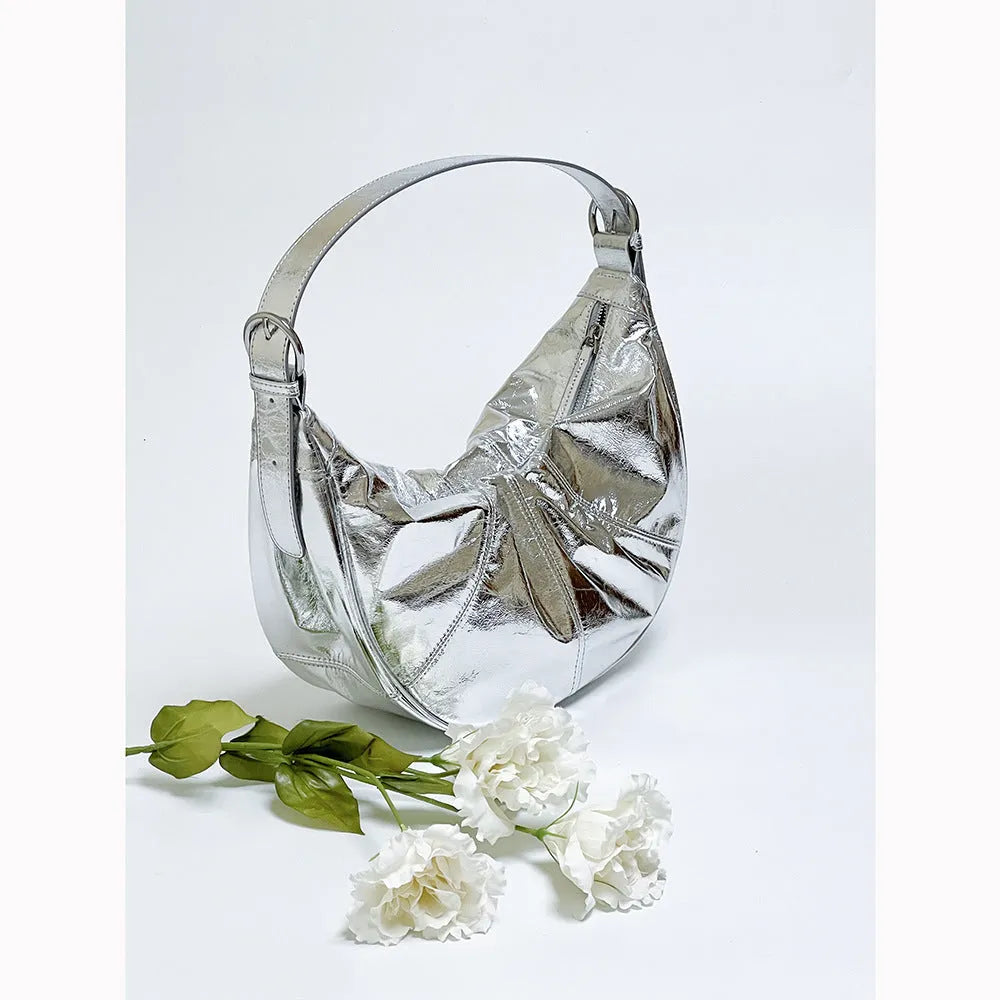Women's genuine leather shoulder bag in dumpling shape with double joint straps