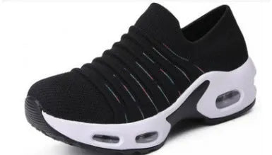 Women's plus size fly-knit sock shoes in stretch mesh material with low heel and round toe