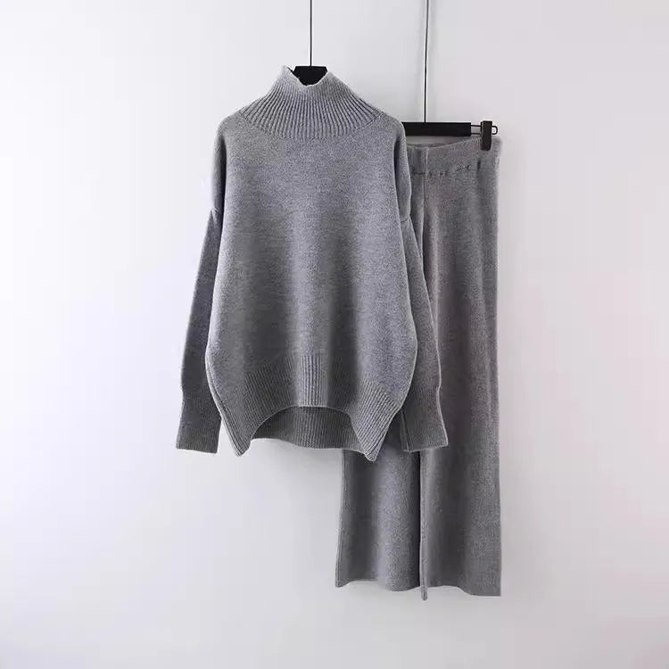 Women's acrylic fibre two-piece set with sweater and wide-leg trousers in solid colour for office commuting